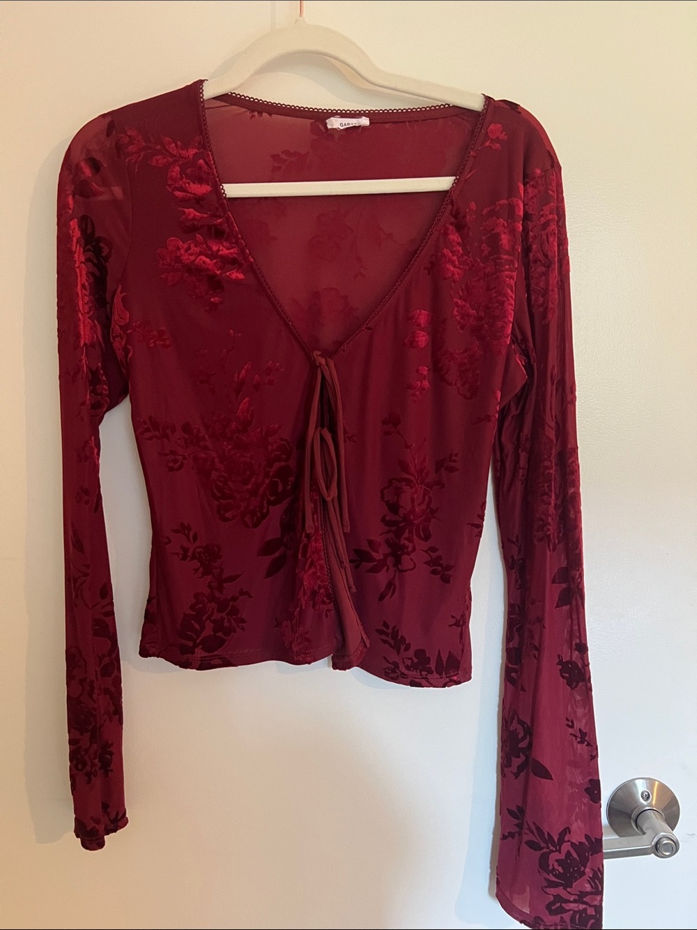 Garage Burgundy Velvet Floral Tie-Front Long Sleeve Top